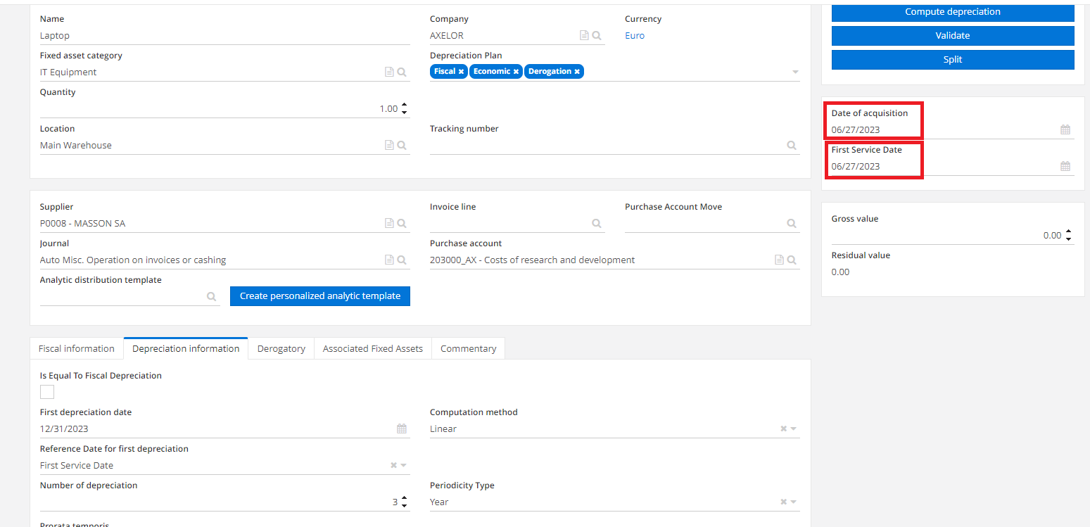 1.3. Dates of acquisition / first service.
